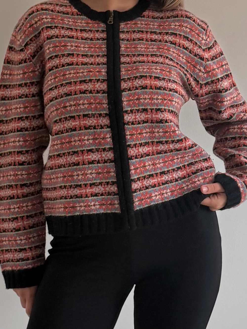 Vintage Paris Sport Club 100% Shetland Wool Fair Isle Zip Cardigan (M)